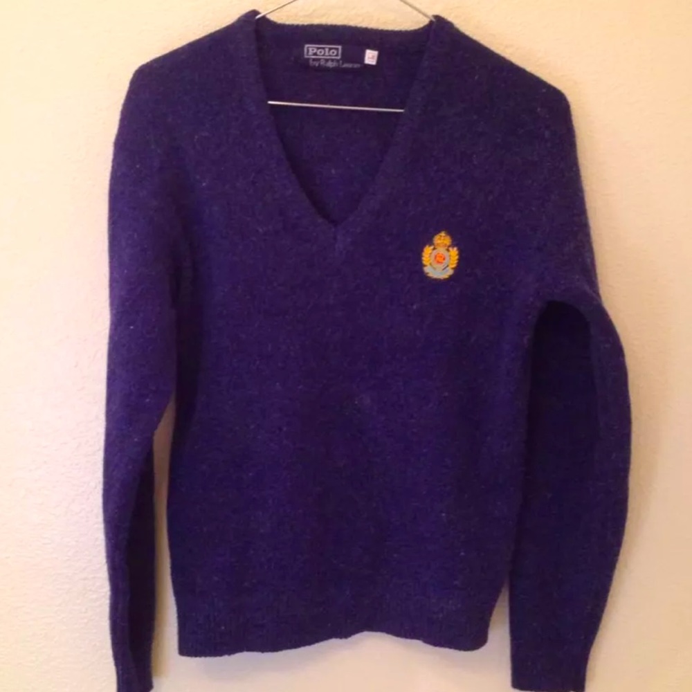 RALPH LAUREN Navy Wool Sweater Embroidered Crest L